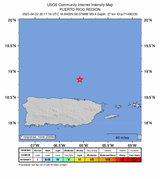 USGS DYFI community-reported intensity map for the M3.4 earthquake near Puerto Rico region