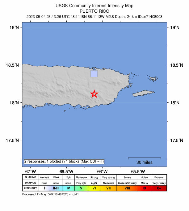 USGS DYFI community-reported intensity map for the M2.8 earthquake near Puerto Rico region