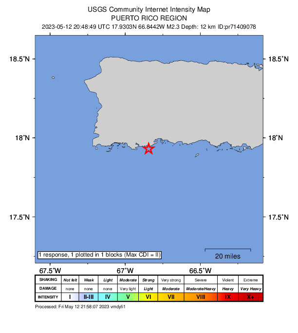 USGS DYFI community-reported intensity map for the M2.3 earthquake near 7 km SE of Maria Antonia, Puerto Rico