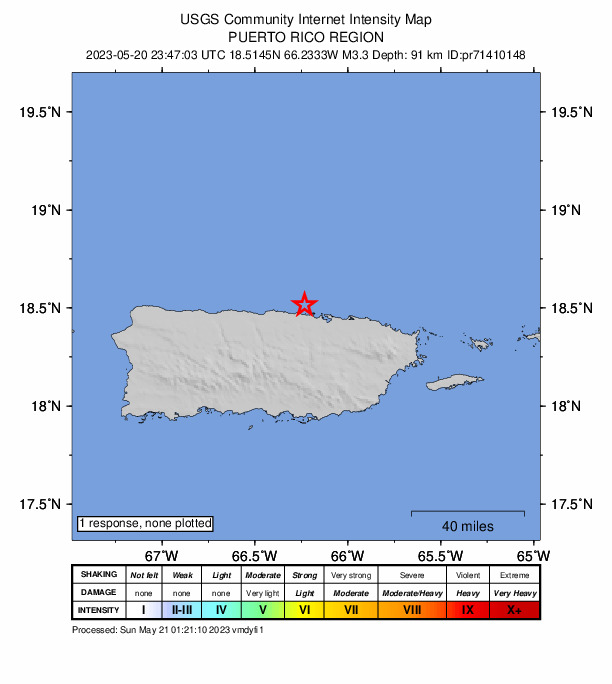 USGS DYFI community-reported intensity map for the M3.3 earthquake near 7 km NNE of Dorado, Puerto Rico