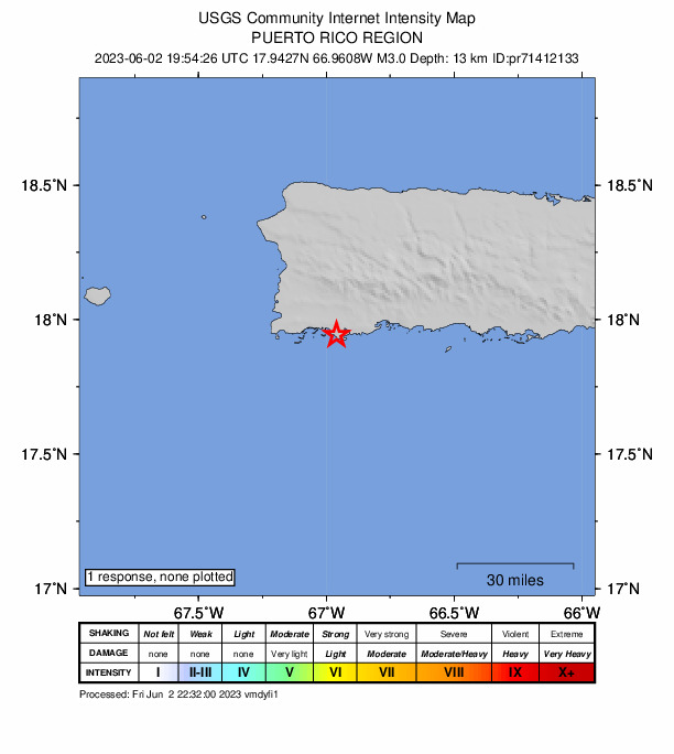 USGS DYFI community-reported intensity map for the M3.0 earthquake near 6 km WSW of Guánica, Puerto Rico