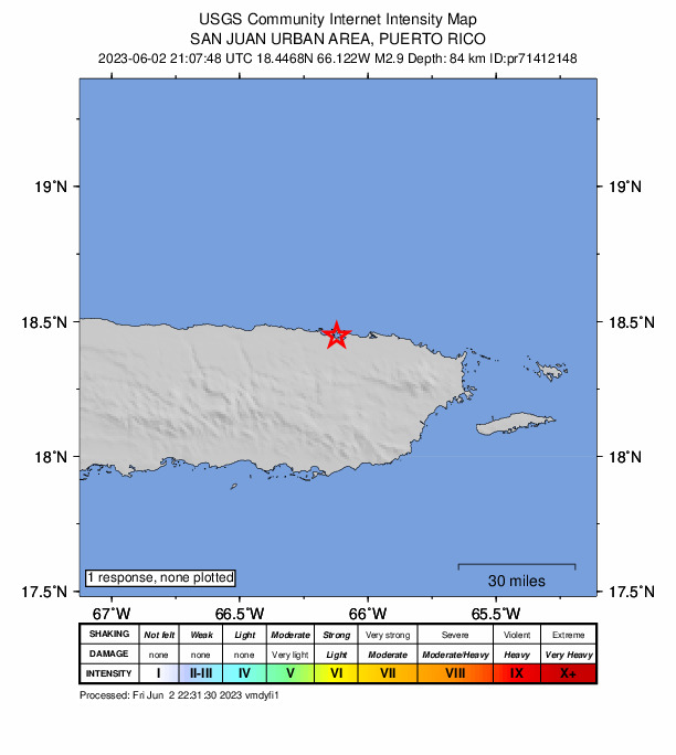 USGS DYFI community-reported intensity map for the M2.9 earthquake near 0 km NNW of Cataño, Puerto Rico
