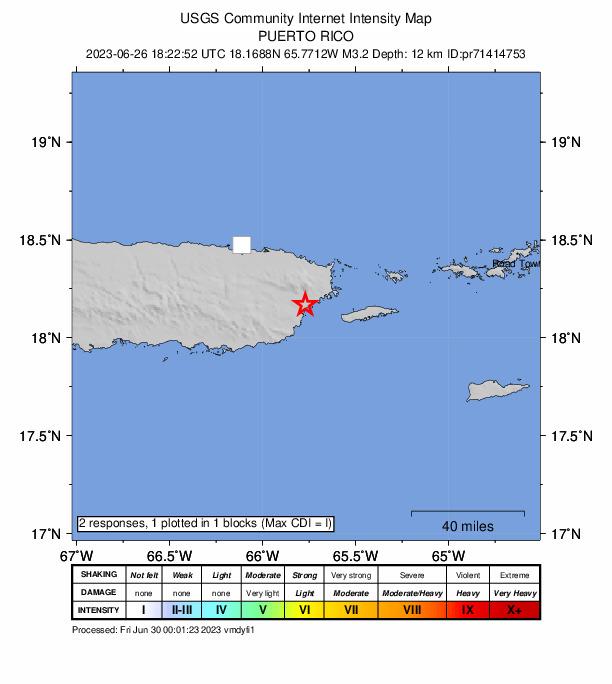 USGS DYFI community-reported intensity map for the M3.2 earthquake near 1 km NE of Bajandas, Puerto Rico