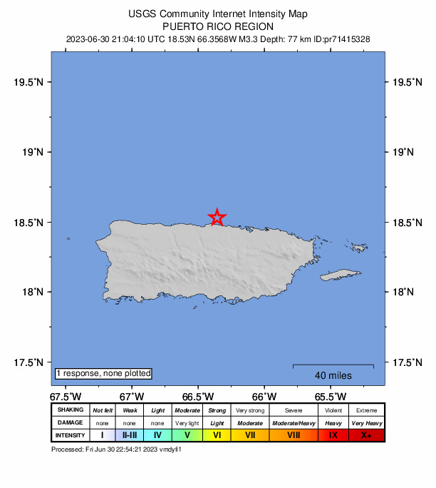 USGS DYFI community-reported intensity map for the M3.3 earthquake near 7 km NNW of Brenas, Puerto Rico