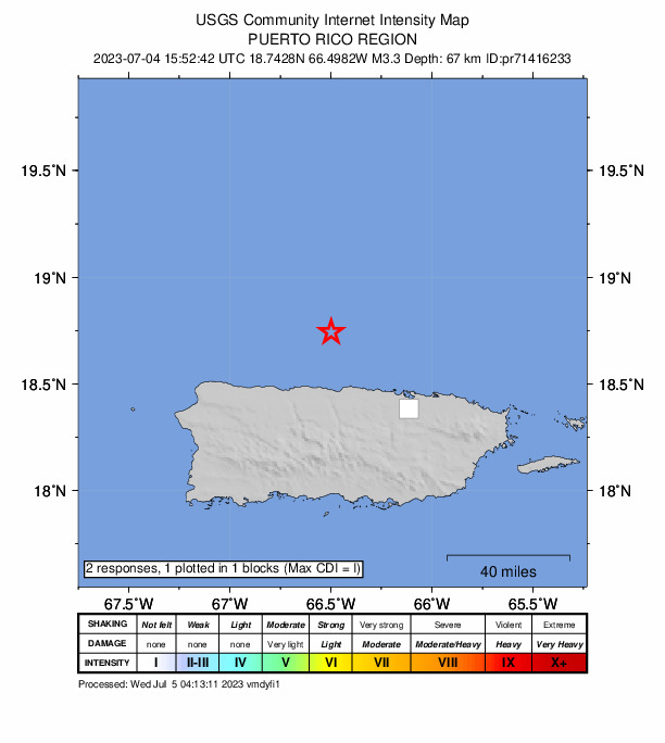 USGS DYFI community-reported intensity map for the M3.3 earthquake near 31 km N of Tierras Nuevas Poniente, Puerto Rico