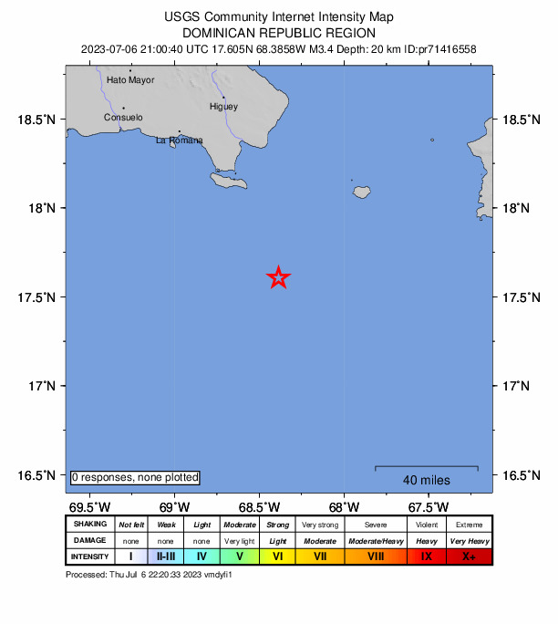 USGS DYFI community-reported intensity map for the M3.4 earthquake near 88 km SSE of Boca de Yuma, Dominican Republic