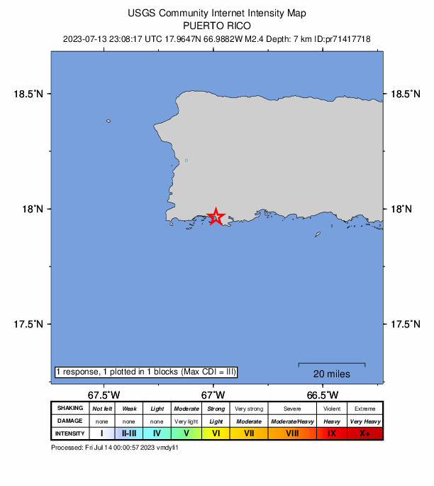USGS DYFI community-reported intensity map for the M2.4 earthquake near 6 km E of La Parguera, Puerto Rico