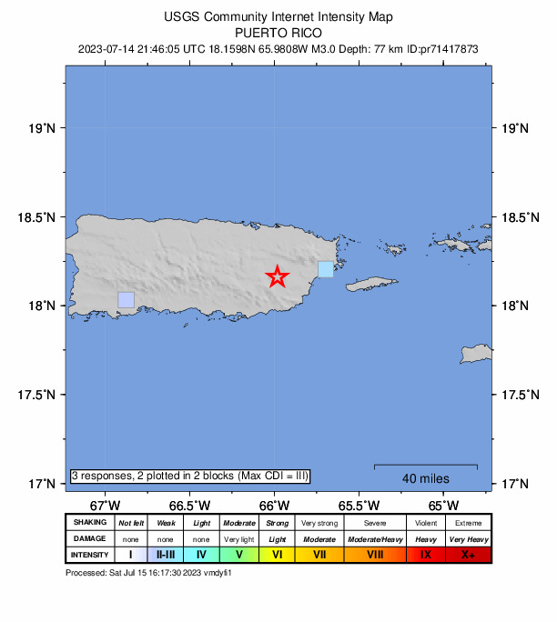 USGS DYFI community-reported intensity map for the M3.0 earthquake near 1 km E of Jagual, Puerto Rico