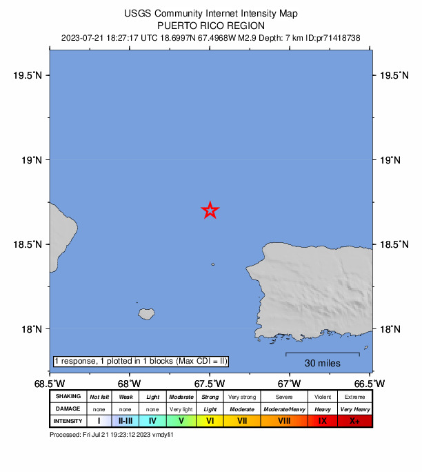 USGS DYFI community-reported intensity map for the M2.9 earthquake near 47 km NW of Aguadilla, Puerto Rico