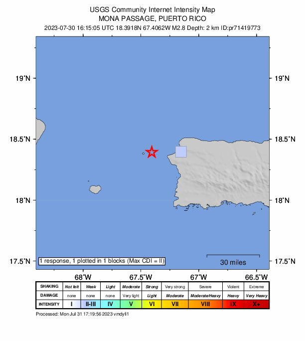 USGS DYFI community-reported intensity map for the M2.8 earthquake near 17 km WNW of Rincón, Puerto Rico