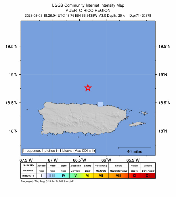USGS DYFI community-reported intensity map for the M3.0 earthquake near Puerto Rico region