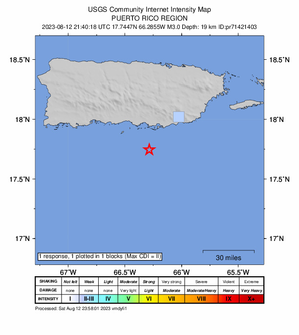 USGS DYFI community-reported intensity map for the M3.0 earthquake near Puerto Rico region