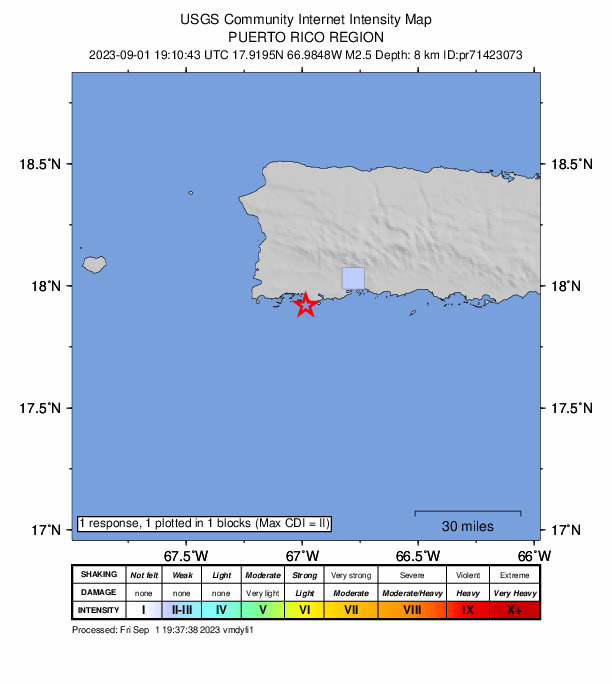 USGS DYFI community-reported intensity map for the M2.5 earthquake near 8 km SE of La Parguera, Puerto Rico