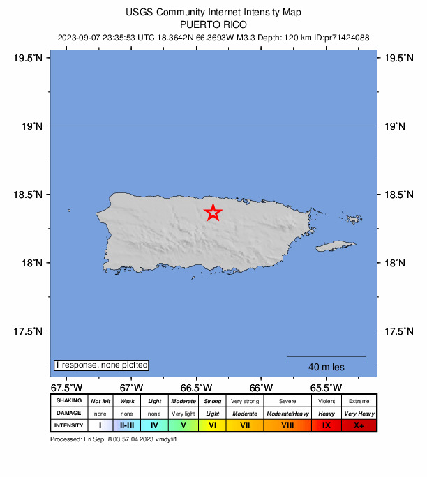 USGS DYFI community-reported intensity map for the M3.3 earthquake near Puerto Rico region