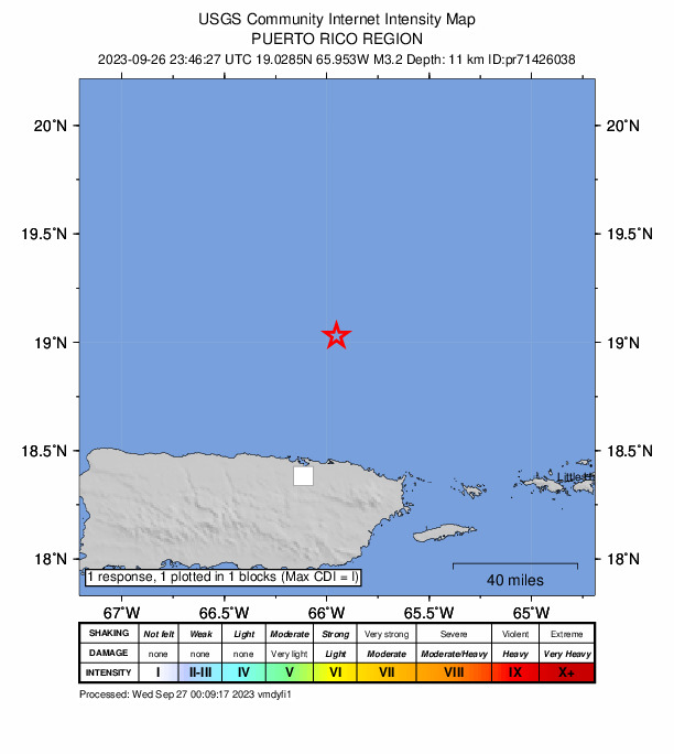 USGS DYFI community-reported intensity map for the M3.2 earthquake near Puerto Rico region
