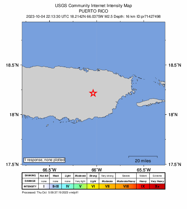 USGS DYFI community-reported intensity map for the M2.5 earthquake near 2 km SSE of Caguas, Puerto Rico