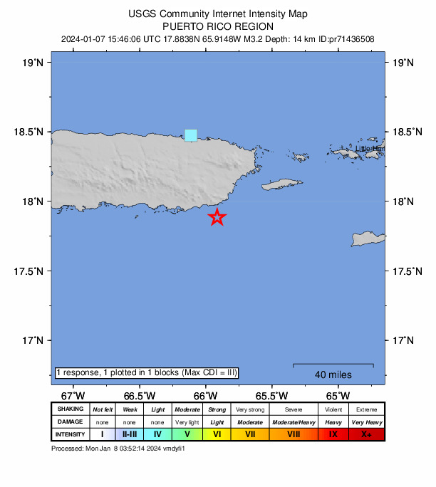 USGS DYFI community-reported intensity map for the M3.3 earthquake near 13 km SE of Lamboglia, Puerto Rico