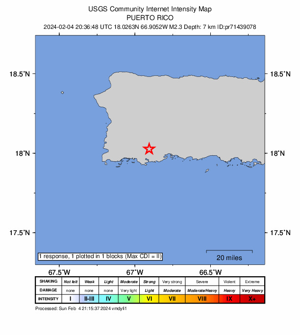 USGS DYFI community-reported intensity map for the M2.3 earthquake near 1 km S of Lluveras, Puerto Rico