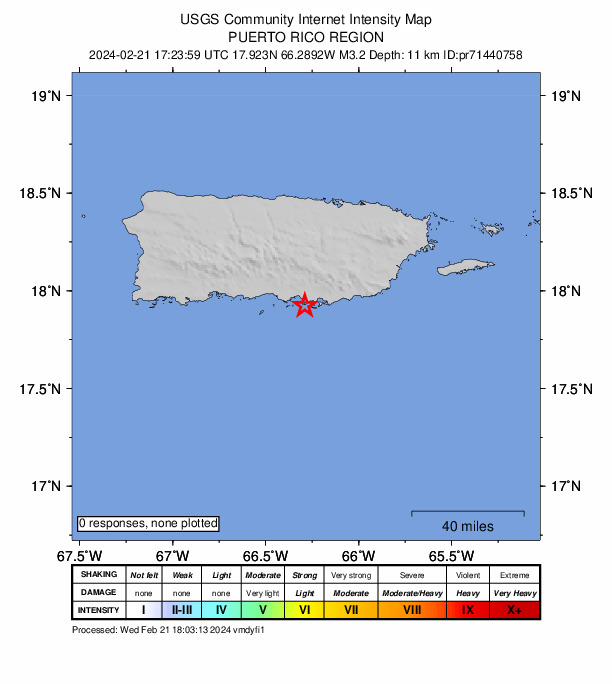 USGS DYFI community-reported intensity map for the M3.2 earthquake near 6 km S of Salinas, Puerto Rico