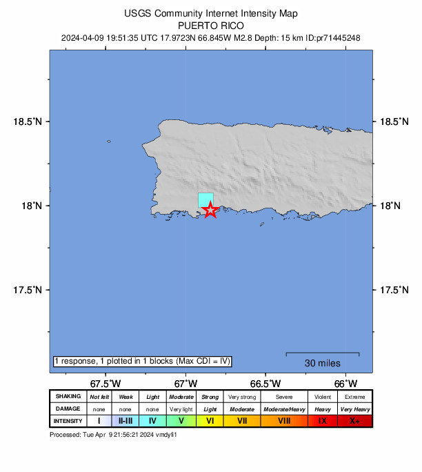 USGS DYFI community-reported intensity map for the M2.8 earthquake near 3 km SW of Indios, Puerto Rico