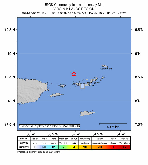 USGS DYFI community-reported intensity map for the M3.4 earthquake near 27 km NNW of Charlotte Amalie, U.S. Virgin Islands