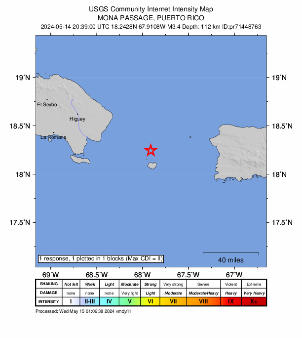 USGS DYFI community-reported intensity map for the M3.4 earthquake near 64 km SE of Punta Cana, Dominican Republic