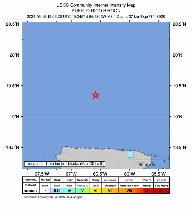 USGS DYFI community-reported intensity map for the M3.4 earthquake near 97 km N of Arecibo, Puerto Rico