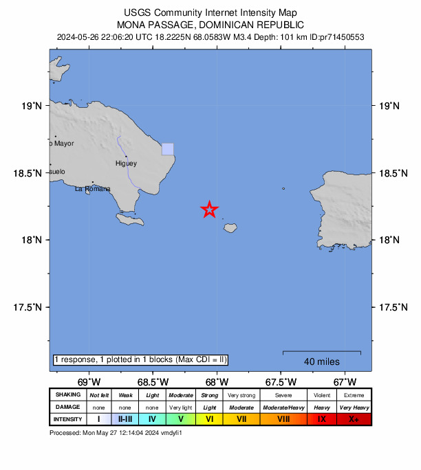 USGS DYFI community-reported intensity map for the M3.4 earthquake near 54 km SE of Punta Cana, Dominican Republic