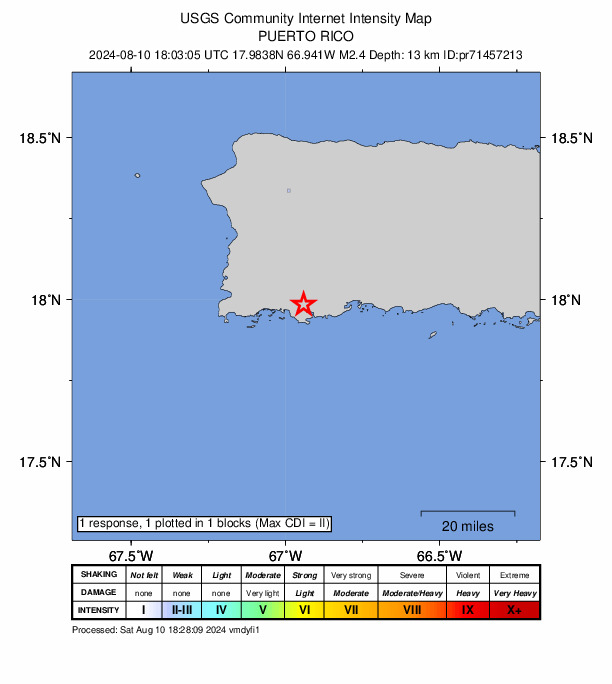 USGS DYFI community-reported intensity map for the M2.4 earthquake near 2 km W of Fuig, Puerto Rico