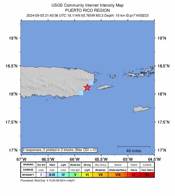 USGS DYFI community-reported intensity map for the M3.3 earthquake near 5 km SSE of Bajandas, Puerto Rico