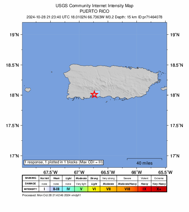 USGS DYFI community-reported intensity map for the M3.2 earthquake near 2 km NW of Tallaboa, Puerto Rico