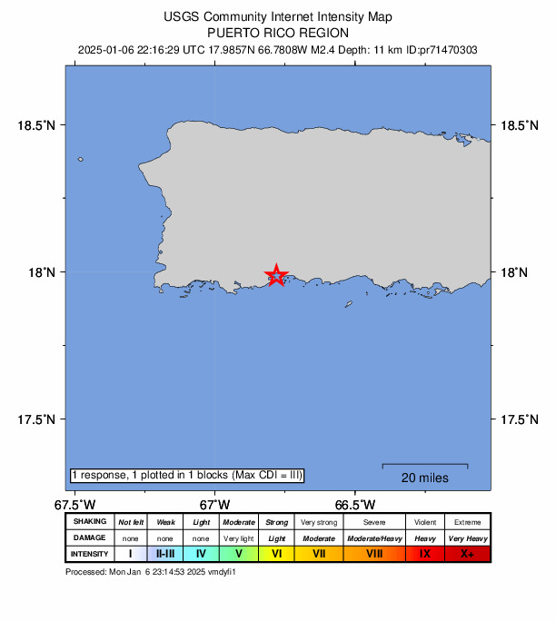 USGS DYFI community-reported intensity map for the M2.4 earthquake near 3 km SSW of Magas Arriba, Puerto Rico