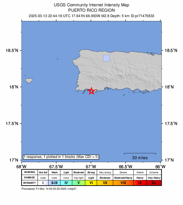 USGS DYFI community-reported intensity map for the M2.8 earthquake near 6 km ESE of La Parguera, Puerto Rico