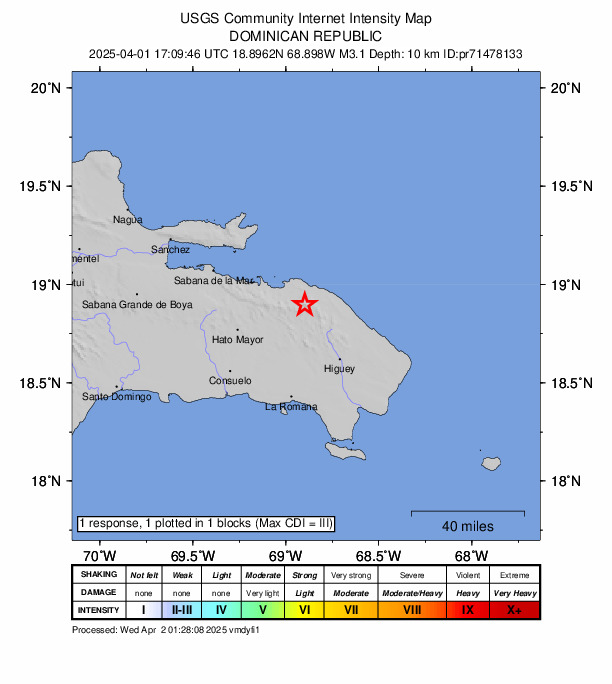 USGS DYFI community-reported intensity map for the M3.1 earthquake near 18 km ESE of Miches, Dominican Republic
