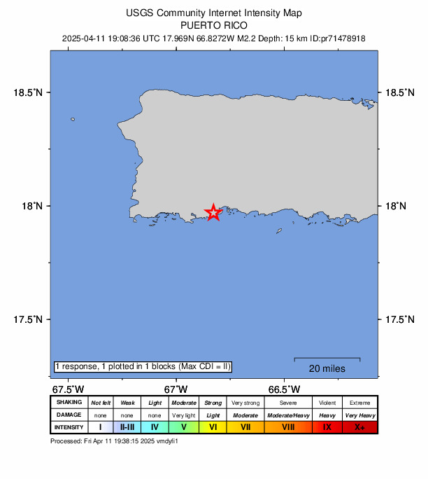 USGS DYFI community-reported intensity map for the M2.2 earthquake near 2 km SSW of Indios, Puerto Rico