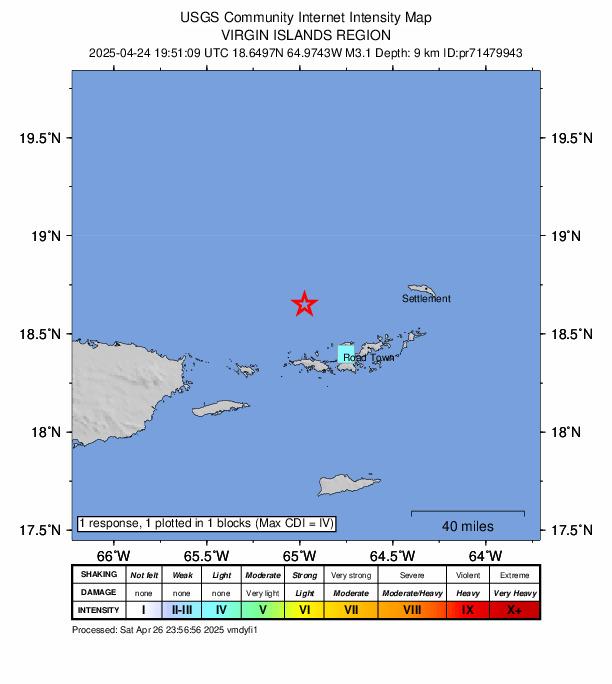 USGS DYFI community-reported intensity map for the M3.1 earthquake near 34 km N of Charlotte Amalie, U.S. Virgin Islands
