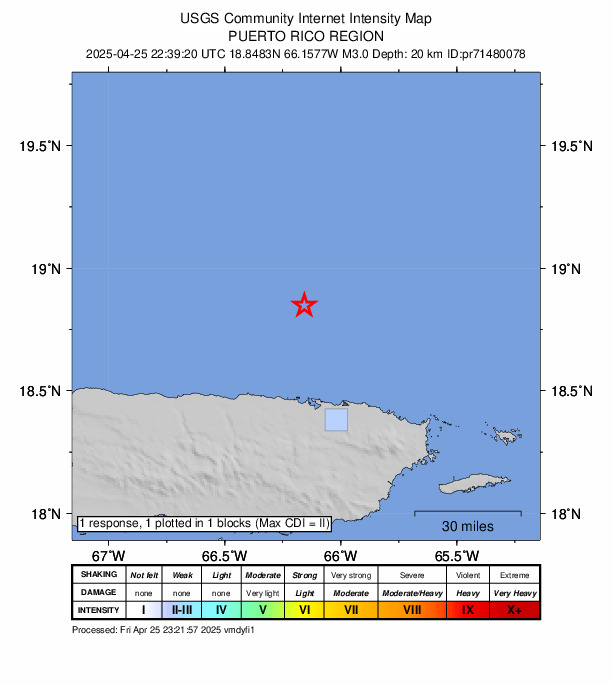 USGS DYFI community-reported intensity map for the M3.0 earthquake near 42 km N of San Juan, Puerto Rico