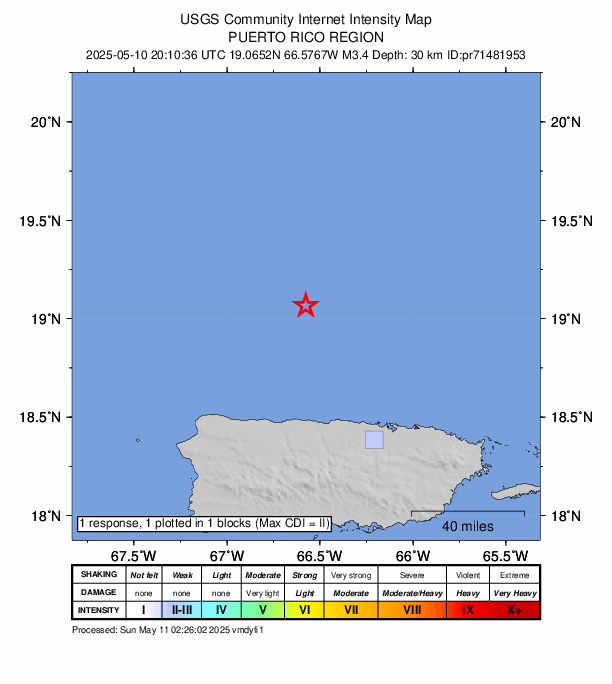 USGS DYFI community-reported intensity map for the M3.4 earthquake near 67 km NNE of Arecibo, Puerto Rico