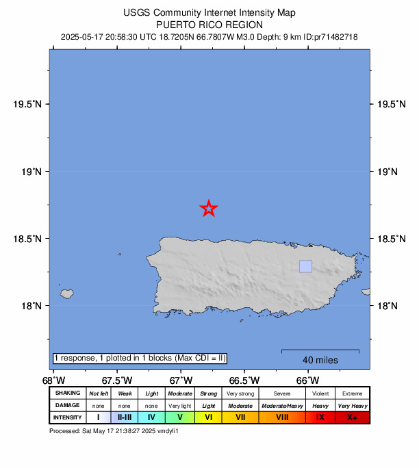 USGS DYFI community-reported intensity map for the M3.0 earthquake near 26 km N of Hatillo, Puerto Rico
