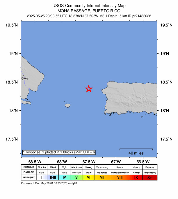 USGS DYFI community-reported intensity map for the M3.1 earthquake near 27 km W of Rincón, Puerto Rico
