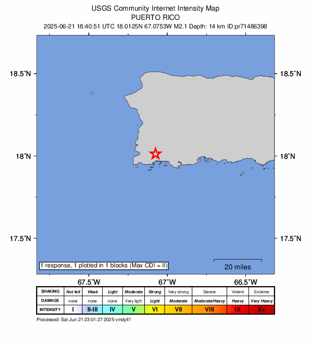 USGS DYFI community-reported intensity map for the M2.1 earthquake near 3 km S of Palmarejo, Puerto Rico