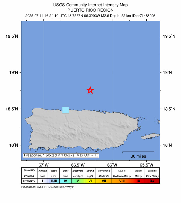 USGS DYFI community-reported intensity map for the M2.6 earthquake near 31 km N of Brenas, Puerto Rico