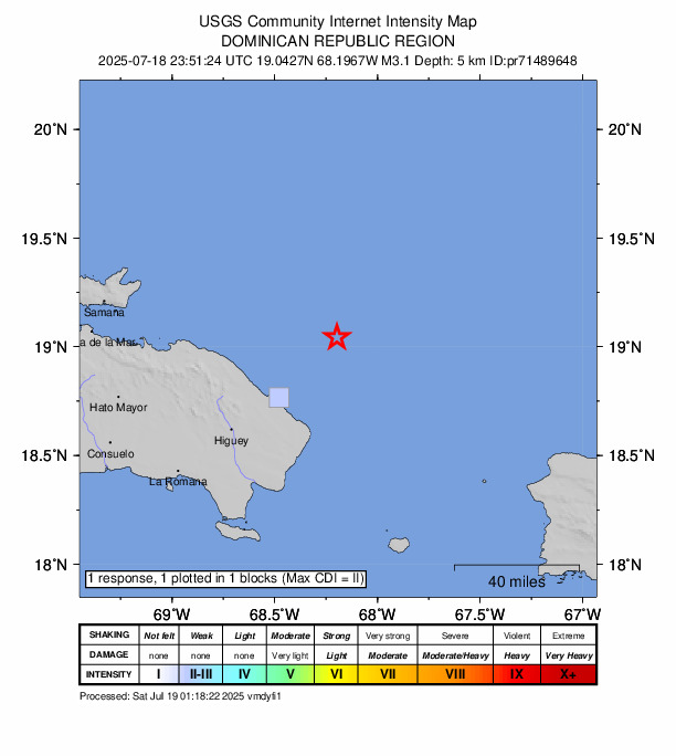 USGS DYFI community-reported intensity map for the M3.1 earthquake near 55 km NNE of Punta Cana, Dominican Republic