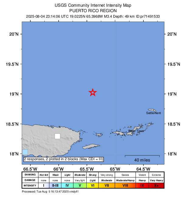 USGS DYFI community-reported intensity map for the M3.4 earthquake near 79 km NNE of Luquillo, Puerto Rico