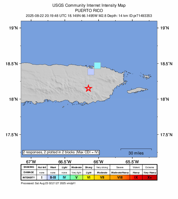 USGS DYFI community-reported intensity map for the M2.8 earthquake near 2 km ENE of Parcelas Nuevas, Puerto Rico