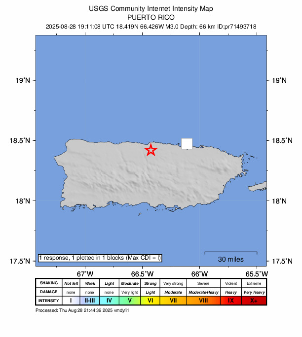 USGS DYFI community-reported intensity map for the M3.0 earthquake near 1 km SE of Coto Norte, Puerto Rico