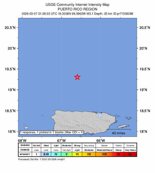 USGS DYFI community-reported intensity map for the M3.1 earthquake near 92 km N of Arecibo, Puerto Rico