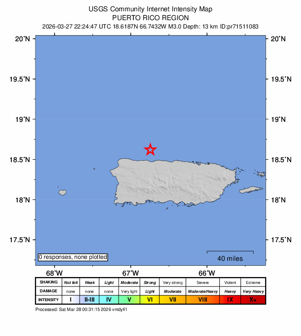 USGS DYFI community-reported intensity map for the M3.0 earthquake near 15 km NNE of Carrizales, Puerto Rico