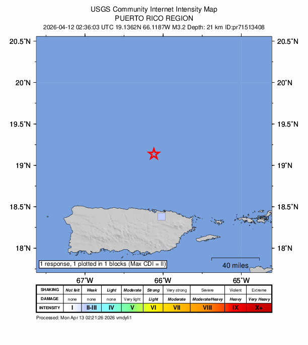 USGS DYFI community-reported intensity map for the M3.2 earthquake near 74 km N of San Juan, Puerto Rico
