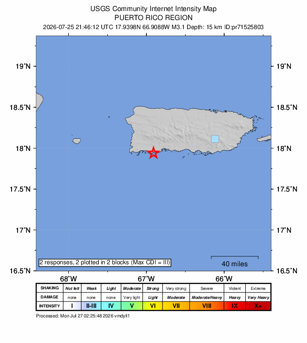 USGS DYFI community-reported intensity map for the M3.1 earthquake near 3 km S of Guánica, Puerto Rico